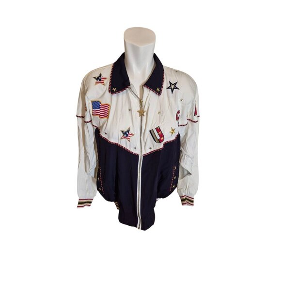 VTG 90s Embroidered USA Jacket Oversized Dolman Sleeve Jacket Red/Wht/Blu sz S-L - Picture 1 of 7